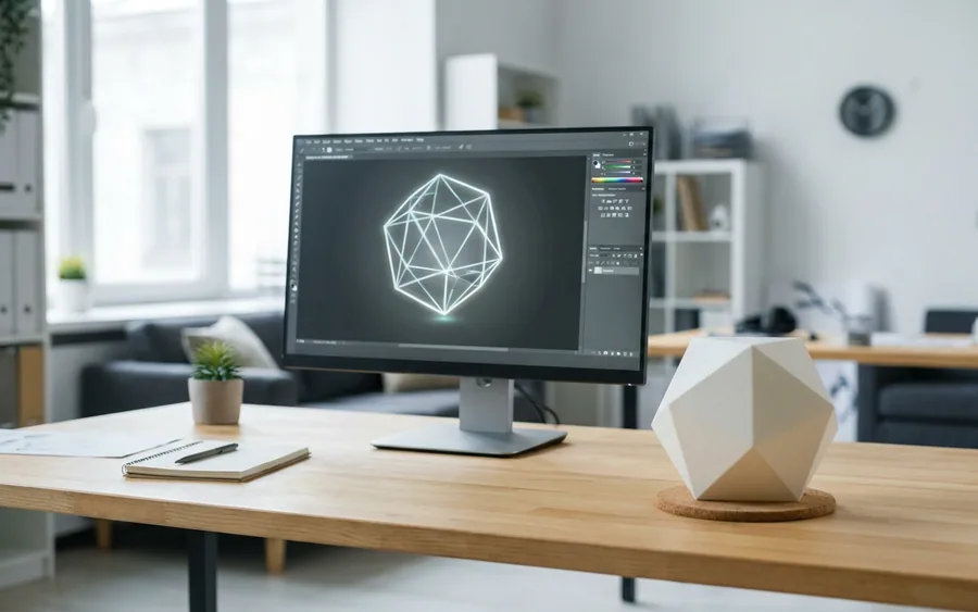 Робоче місце розробника з монітором, на якому відображається 3D-каркас, та фізичною роздрукованою 3D-моделлю на столі