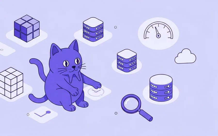 Стилізований GitHub Octocat взаємодіє з абстрактними іконками баз даних, що символізують аналітику, продуктивність, моніторинг та масштабування в контексті інженерії даних.