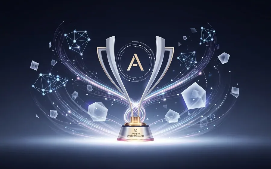 Концептуальна ілюстрація, що символізує нагороду A' Digital Product Design Awards, з елегантним сертифікатом або трофеєм, оточеним абстрактними цифровими елементами.