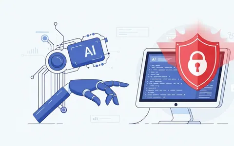 Ілюстрація, що показує AI-агента для кодування, який взаємодіє з комп'ютером, викликаючи спрацьовування системи безпеки.