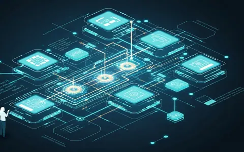 Футуристична ілюстрація, що показує AI-інструмент, який аналізує складну архітектуру коду, виділяючи залежності між мікросервісами та ML-пайплайнами.