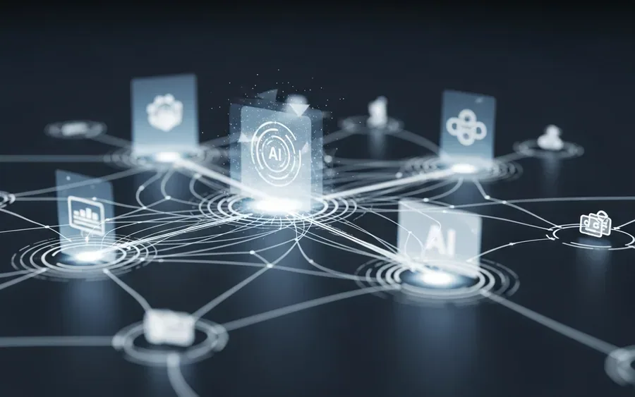 Концептуальна ілюстрація інтеграції ШІ-агентів у корпоративні робочі процеси ServiceNow.