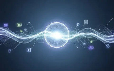 Концептуальна ілюстрація, що зображує Ethereum як децентралізовану обчислювальну платформу з потоками даних та взаємопов'язаними вузлами.