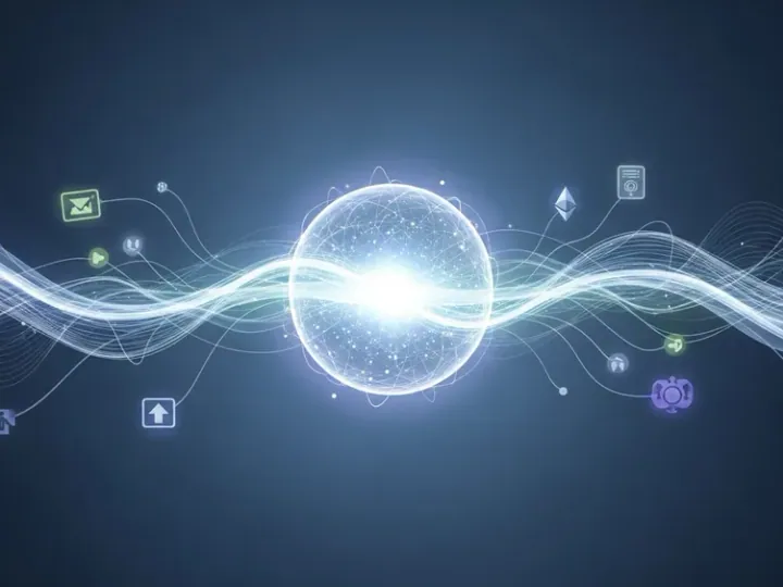 Концептуальна ілюстрація, що зображує Ethereum як децентралізовану обчислювальну платформу з потоками даних та взаємопов'язаними вузлами.