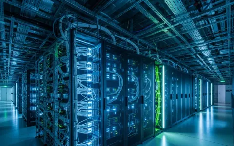 Сучасний інтер'єр дата-центру Amazon з рядами серверних стійок, що світяться.