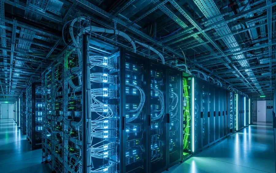 Сучасний інтер'єр дата-центру Amazon з рядами серверних стійок, що світяться.