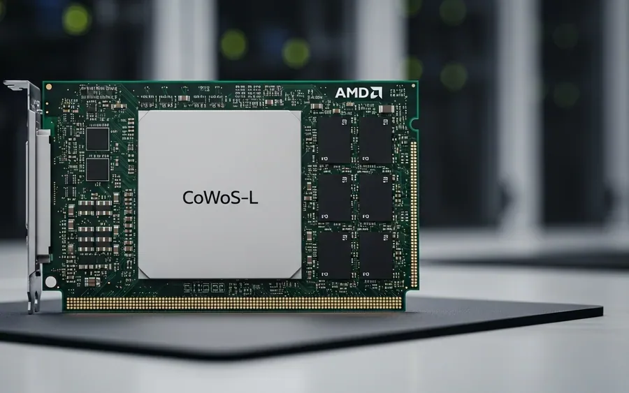 Детальний знімок пакета AMD MI455X з інтегрованими чиплетами та стеками HBM4 у середовищі дата-центру.