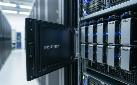 Серверна стійка з графічними процесорами AMD Instinct MI400 Series у центрі обробки даних.