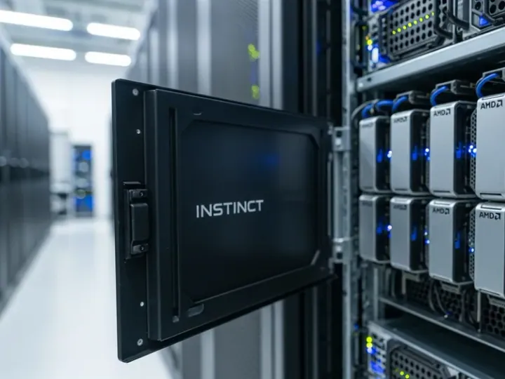 Серверна стійка з графічними процесорами AMD Instinct MI400 Series у центрі обробки даних.