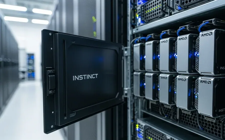 Серверна стійка з графічними процесорами AMD Instinct MI400 Series у центрі обробки даних.