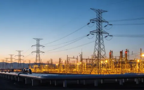 Сучасний комплекс енергетичної інфраструктури з лініями електропередач та газопроводом на заході сонця