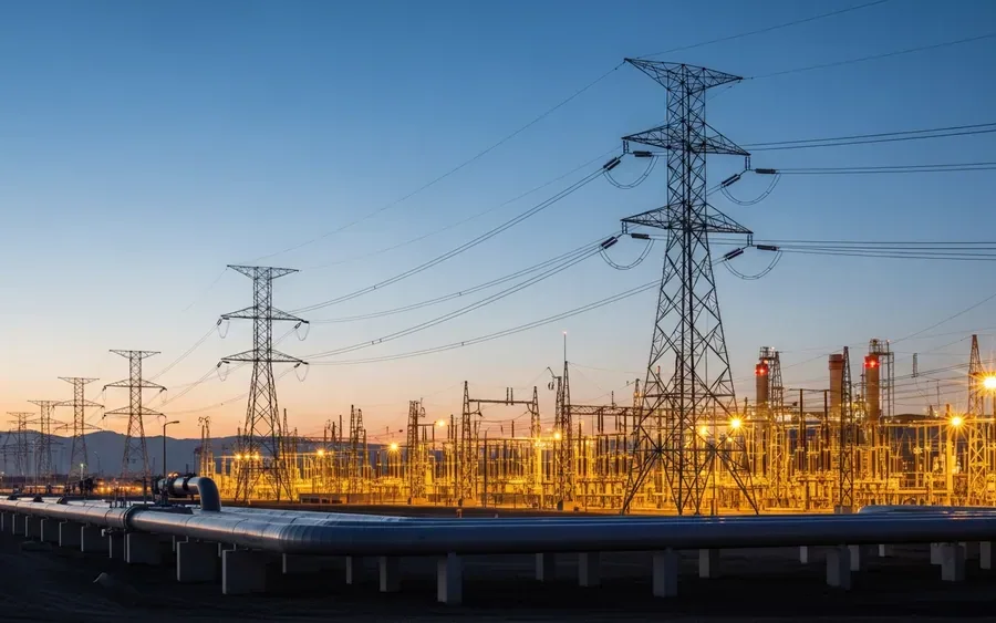 Сучасний комплекс енергетичної інфраструктури з лініями електропередач та газопроводом на заході сонця