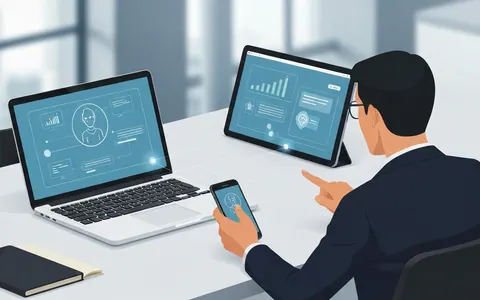 Ілюстрація, що показує, як людина взаємодіє з ШІ-асистентом Claude Cowork на ноутбуці, планшеті та смартфоні, символізуючи крос-пристроєву продуктивність.
