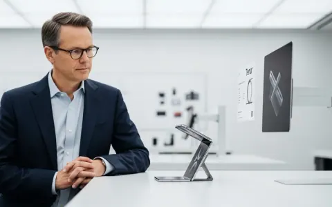 Джон Тернус, майбутній CEO Apple, розглядає прототип пристрою в дизайнерській студії.