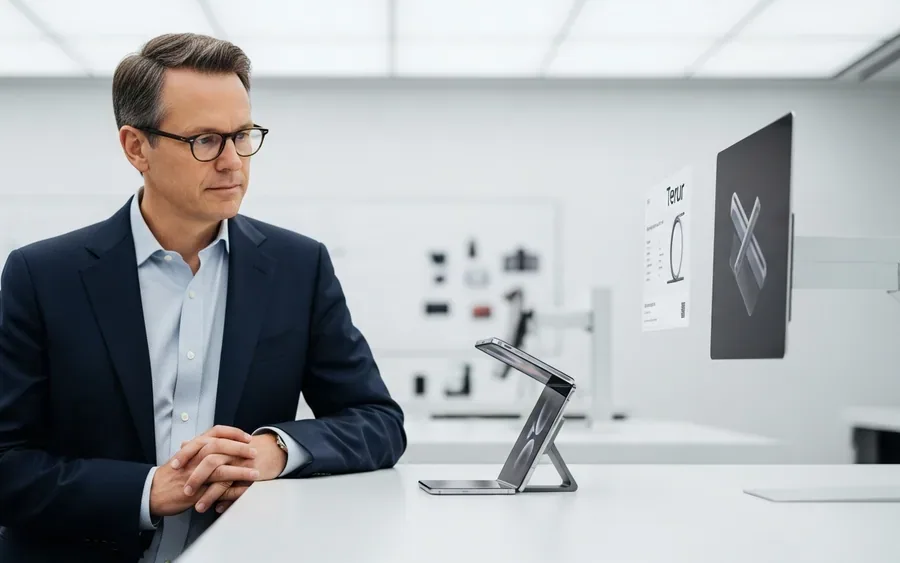 Джон Тернус, майбутній CEO Apple, розглядає прототип пристрою в дизайнерській студії.
