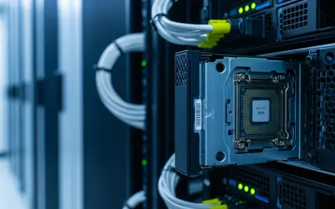 Серверна стійка в центрі обробки даних з фокусом на компонентах серверного леза, що символізує чипи Arm для ШІ.