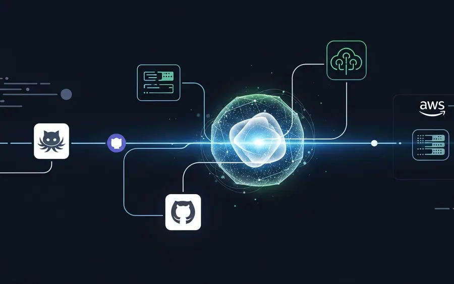 Концептуальна ілюстрація, що показує інтеграцію AWS DevOps Agent з GitHub та AWS для автоматизованого усунення несправностей CI/CD.