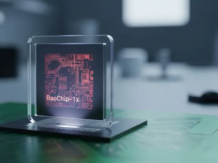 Знімок чипа Baochip-1x, встановленого на друкованій платі, з видимими внутрішніми структурами кремнію завдяки інфрачервоному освітленню.