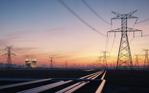 Сучасний енергетичний інфраструктурний ландшафт на заході сонця з газопроводами, електростанцією та лініями електропередач