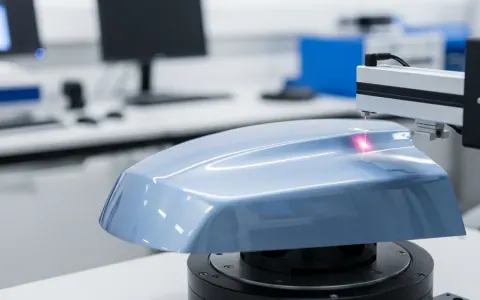 Пофарбована пластикова автомобільна радарна кришка (радом) на випробувальному стенді в лабораторії контролю якості, з пристроєм, що вимірює цілісність сигналу.