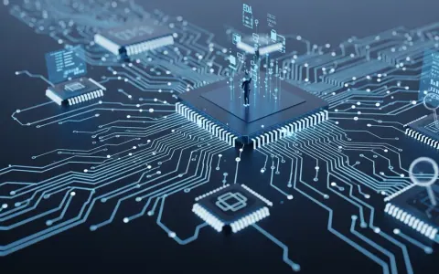 Концептуальна ілюстрація, що зображує складні траси друкованих плат та стилізовані макети напівпровідникових чипів, що світяться цифровою енергією, символізуючи автоматизацію електронного проєктування.