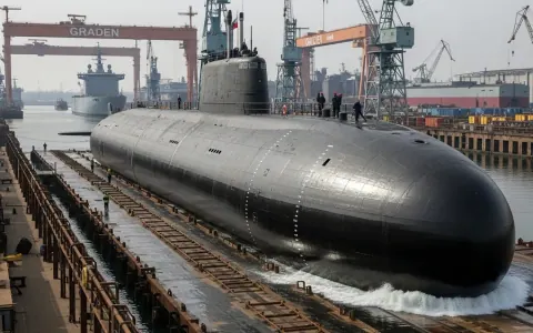 Запуск атомного підводного човна на верфі