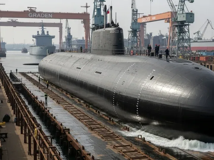 Запуск атомного підводного човна на верфі