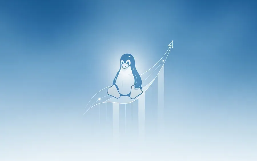 Концептуальна ілюстрація зростання ринкової частки Linux, де стилізований пінгвін Tux розташований на абстрактному графіку, що піднімається вгору.