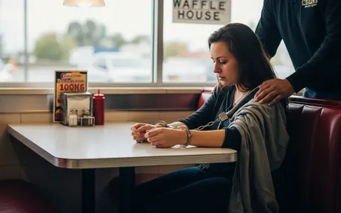 Жінка в наручниках сидить за столом у ресторані Waffle House після втечі