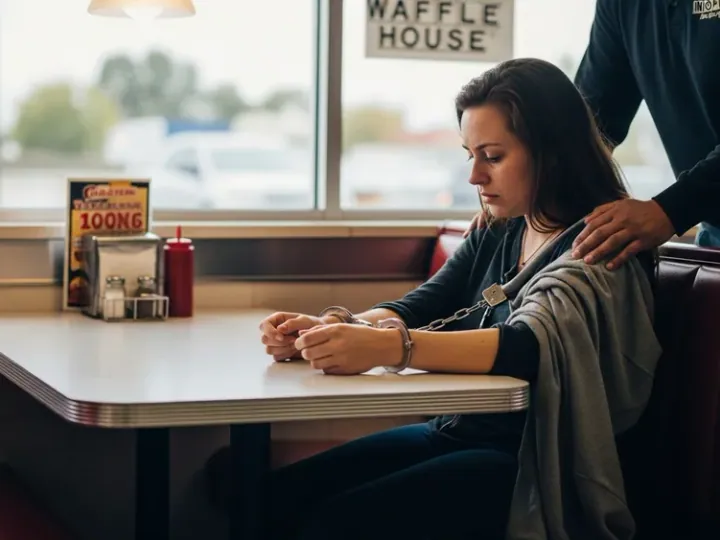 Жінка в наручниках сидить за столом у ресторані Waffle House після втечі