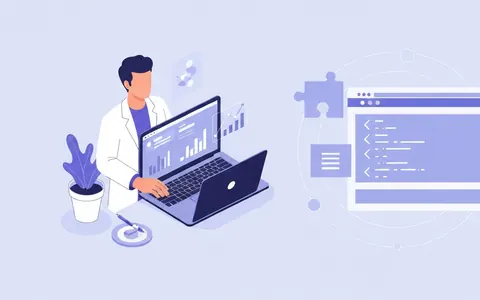 Ілюстрація, що показує Data Scientist-а, який працює над веб-розробкою, поєднуючи елементи коду, візуалізації даних та інтерфейсу веб-сайту.