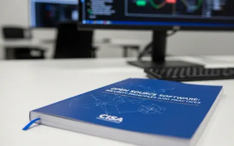 Офіційний посібник CISA «Відкрите програмне забезпечення: Принципи та практики безпеки» на столі в офісі.
