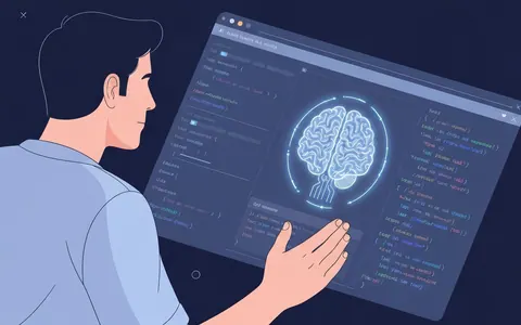 Футуристична ілюстрація, що зображує штучний інтелект, який допомагає розробнику писати код у середовищі розробки.