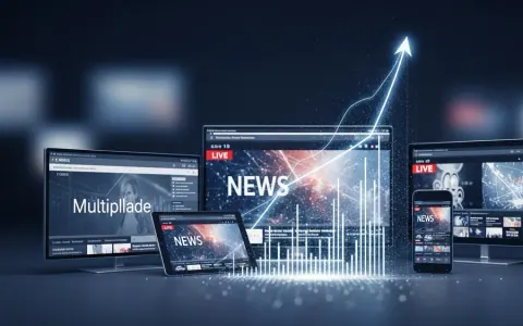 Концептуальне зображення, що символізує зростання аудиторії CNN на різних платформах, з абстрактною візуалізацією даних та екранами телевізора, планшета та смартфона.