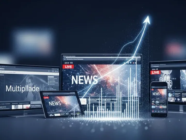 Концептуальне зображення, що символізує зростання аудиторії CNN на різних платформах, з абстрактною візуалізацією даних та екранами телевізора, планшета та смартфона.