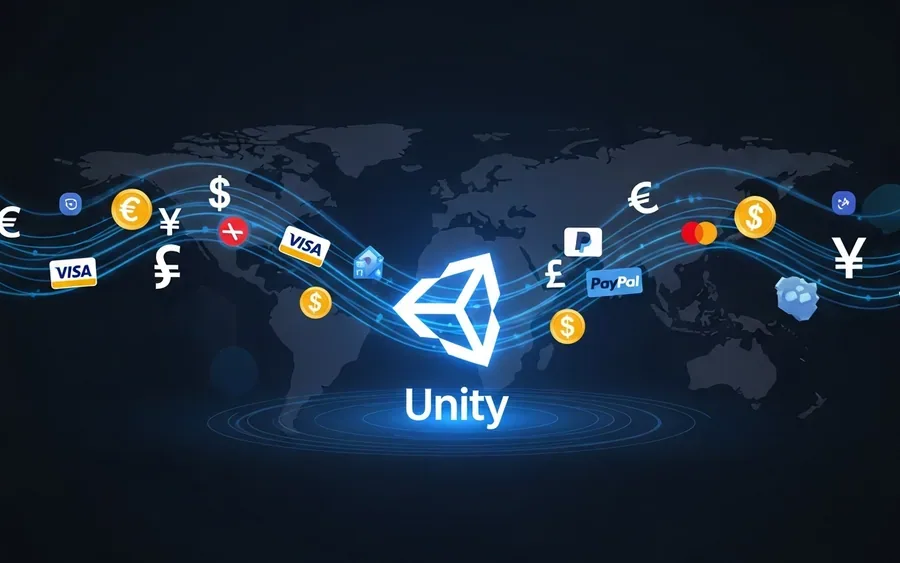 Концептуальна ілюстрація інтеграції глобальної платіжної платформи Coda з Unity, що символізує доступ до міжнародних платіжних методів для розробників ігор.