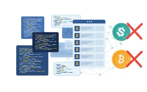 Концептуальна ілюстрація цифрової платформи, що фільтрує LLM-генерований код та криптовалютні проєкти