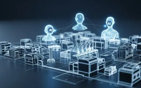Концептуальна ілюстрація інтеграції трьох AI-агентів (AURA, LEO, MARIE) у цифрову модель промислової фабрики.