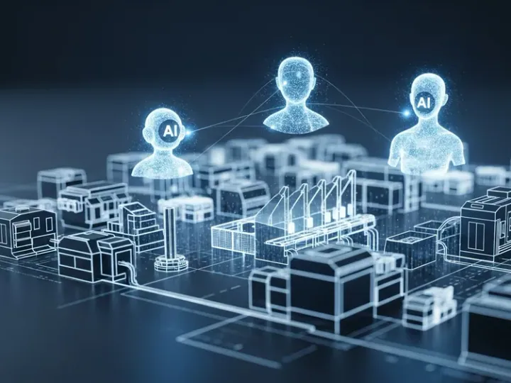 Концептуальна ілюстрація інтеграції трьох AI-агентів (AURA, LEO, MARIE) у цифрову модель промислової фабрики.