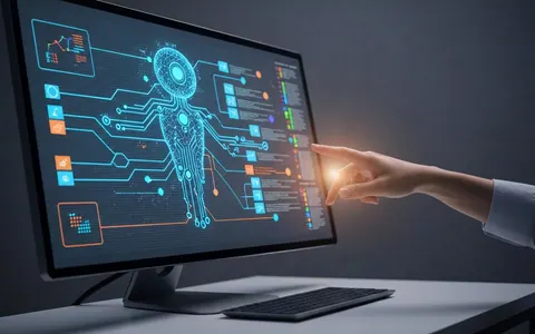 Ілюстрація автономного AI-агента Genie Code, що взаємодіє з потоками даних та аналітичними панелями, символізуючи автоматизацію інженерії даних та науки про дані.