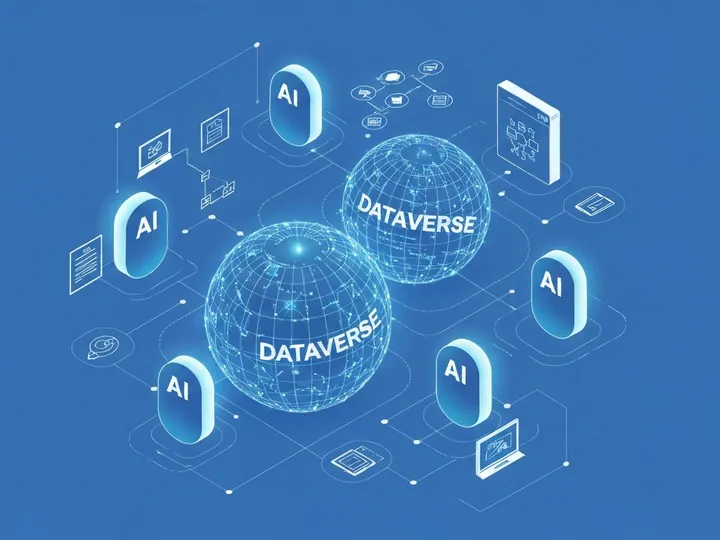 Ілюстрація, що зображує взаємодію AI-агентів з центральною платформою даних Dataverse, яка надає їм бізнес-контекст та розуміння.