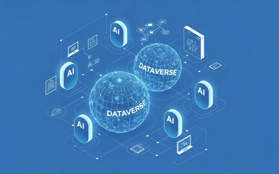 Ілюстрація, що зображує взаємодію AI-агентів з центральною платформою даних Dataverse, яка надає їм бізнес-контекст та розуміння.