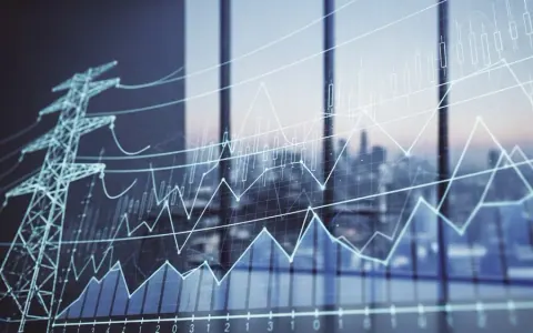 Концептуальне зображення інвестицій в енергетичну інфраструктуру, що поєднує елементи енергетичної мережі та фінансових даних на тлі сучасного офісу.