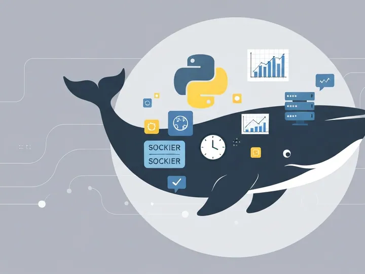Ілюстрація, що зображує кита Docker, який інкапсулює елементи Python-проєктів, такі як логотип Python, графіки даних, сервер та годинник, символізуючи контейнеризацію та портативність.