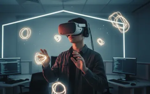 Студент досліджує імерсивну VR-технологію в сучасній лабораторії