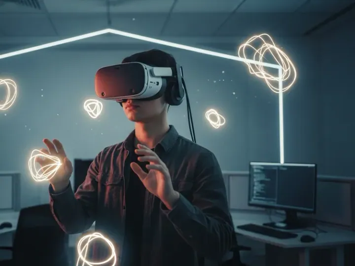 Студент досліджує імерсивну VR-технологію в сучасній лабораторії