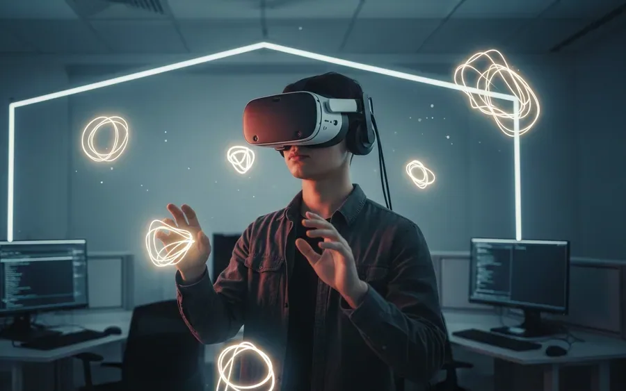 Студент досліджує імерсивну VR-технологію в сучасній лабораторії
