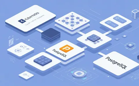 Абстрактна ілюстрація, що зображує хмарно-орієнтовану базу даних PostgreSQL у середовищі Kubernetes з модулями розширень та елементами безпеки.