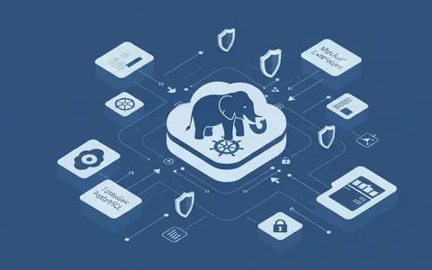 Ілюстрація, що показує інтеграцію PostgreSQL (символ слона) з Kubernetes, модульні розширення та захист даних у хмарному середовищі.
