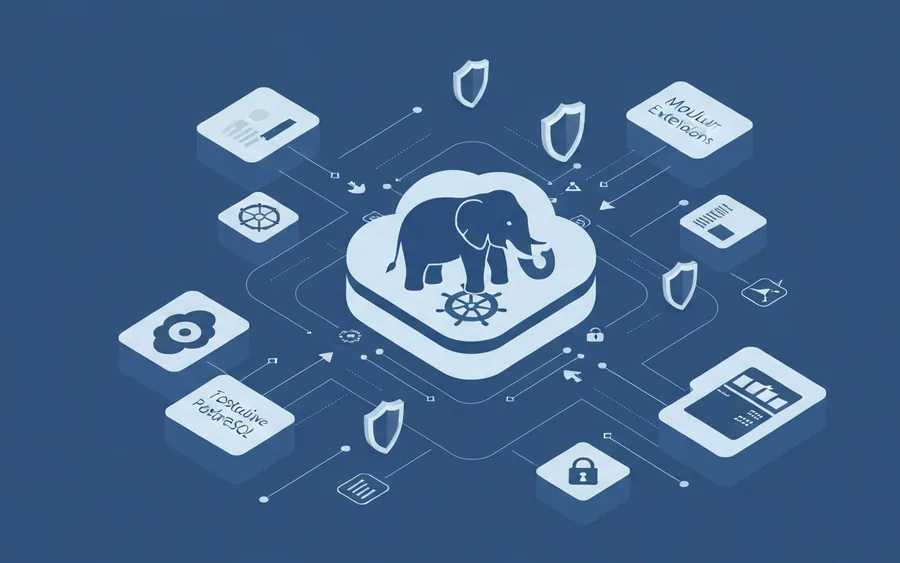 Ілюстрація, що показує інтеграцію PostgreSQL (символ слона) з Kubernetes, модульні розширення та захист даних у хмарному середовищі.